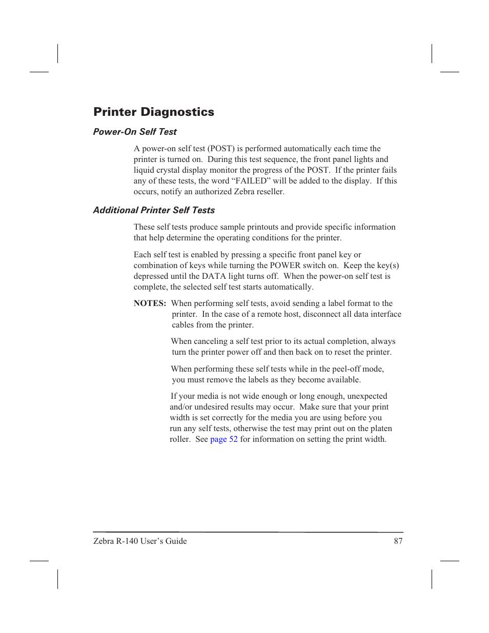 Printer diagnostics, Power-on self test additional printer self tests | Zebra Technologies R-140 User Manual | Page 96 / 126