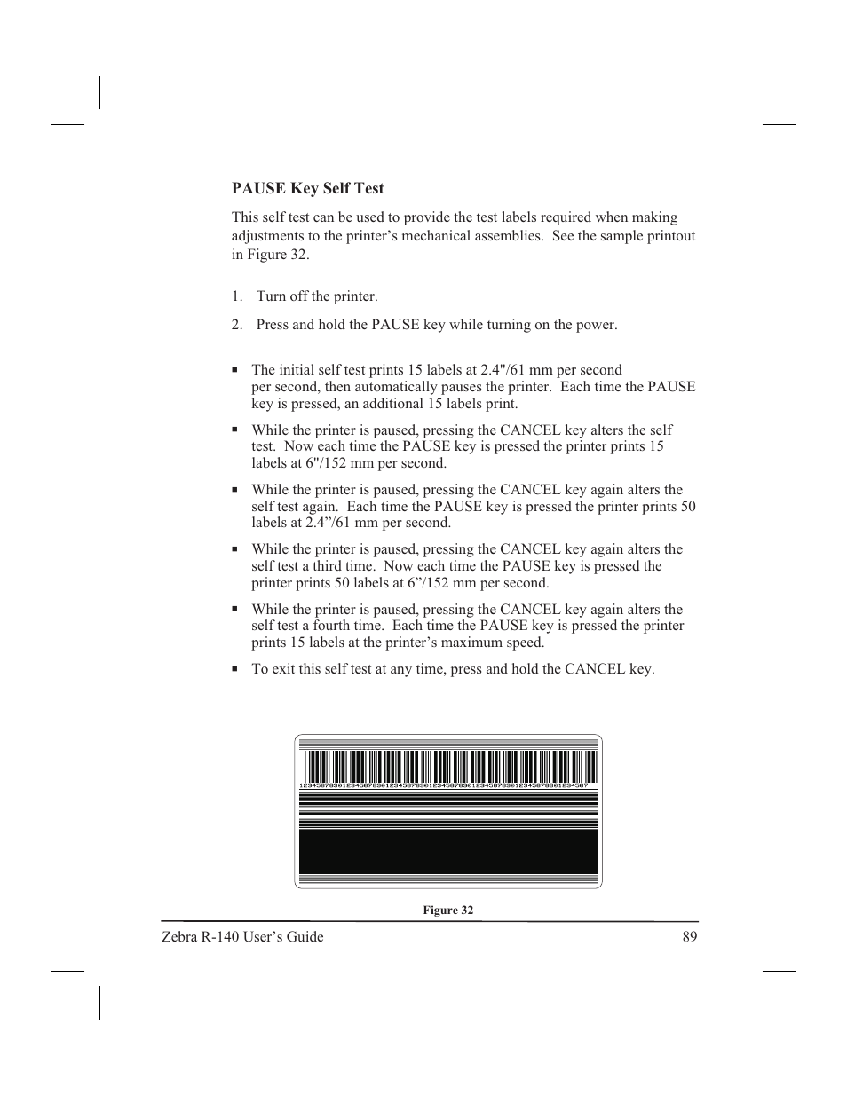 Cancel key self test 88, Cancel key 88 | Zebra Technologies R-140 User Manual | Page 98 / 126