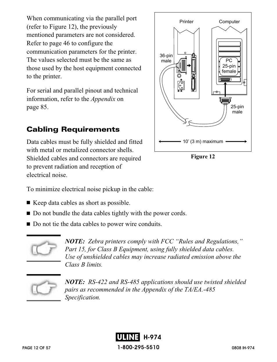 Cabling requirements, H-974, Keep data cables as short as possible | Zebra Technologies ZEBRA Z4M H-974 User Manual | Page 12 / 57