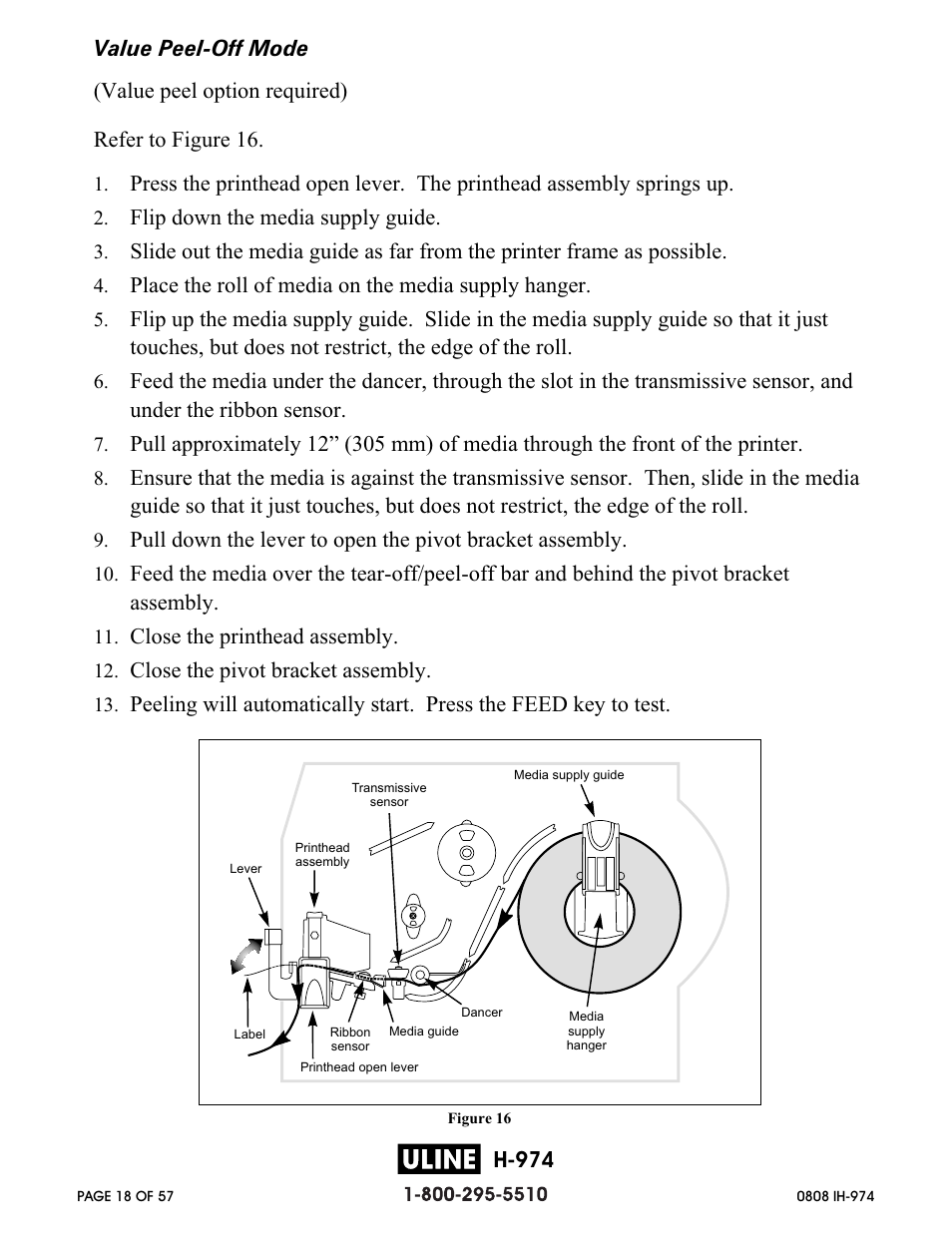 H-974, Flip down the media supply guide, Place the roll of media on the media supply hanger | Close the printhead assembly, Close the pivot bracket assembly | Zebra Technologies ZEBRA Z4M H-974 User Manual | Page 18 / 57