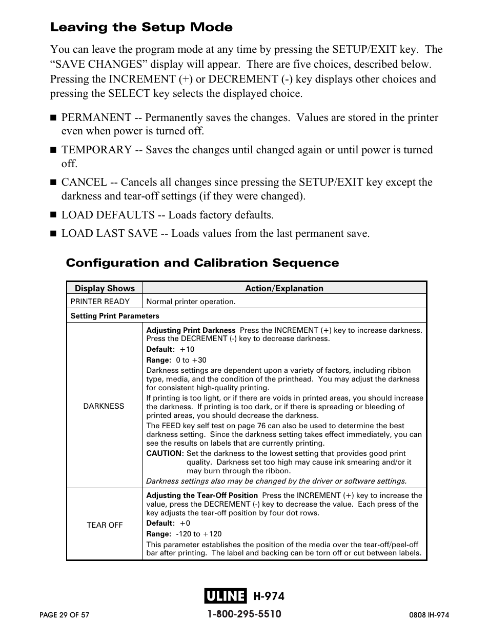 Leaving the setup mode, H-974, Load defaults -- loads factory defaults | Zebra Technologies ZEBRA Z4M H-974 User Manual | Page 29 / 57