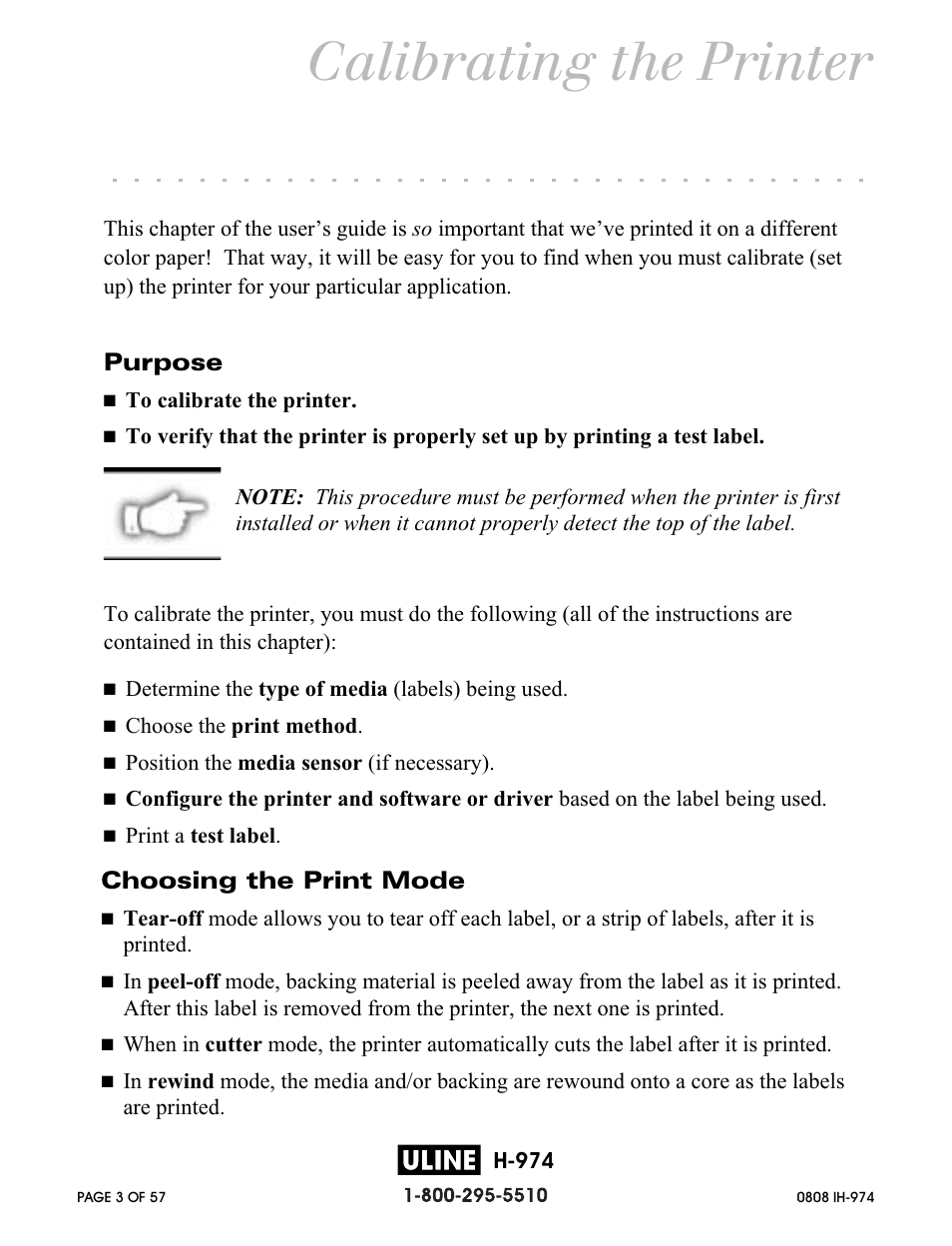 Calibrating the printer, Purpose, Choosing the print mode | Zebra Technologies ZEBRA Z4M H-974 User Manual | Page 3 / 57