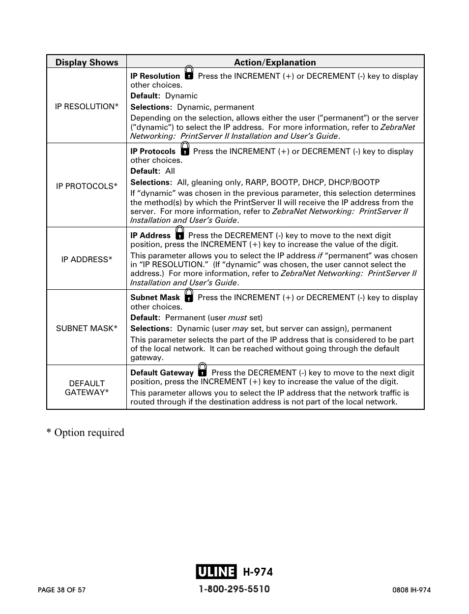 H-974, Zebra z 4m printer user’s guide 53, Option required | Zebra Technologies ZEBRA Z4M H-974 User Manual | Page 38 / 57