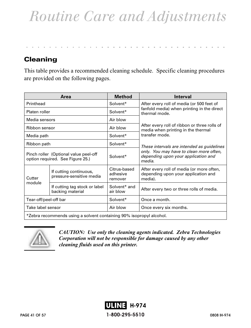 Routine care and adjustments, Cleaning, H-974 | Zebra z 4m printer user’s guide 55 | Zebra Technologies ZEBRA Z4M H-974 User Manual | Page 41 / 57