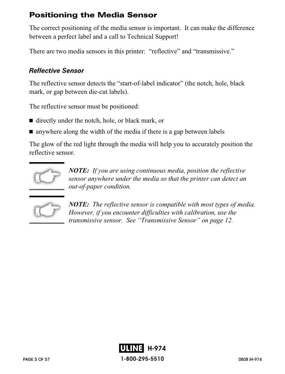 Positioning the media sensor | Zebra Technologies ZEBRA Z4M H-974 User Manual | Page 5 / 57