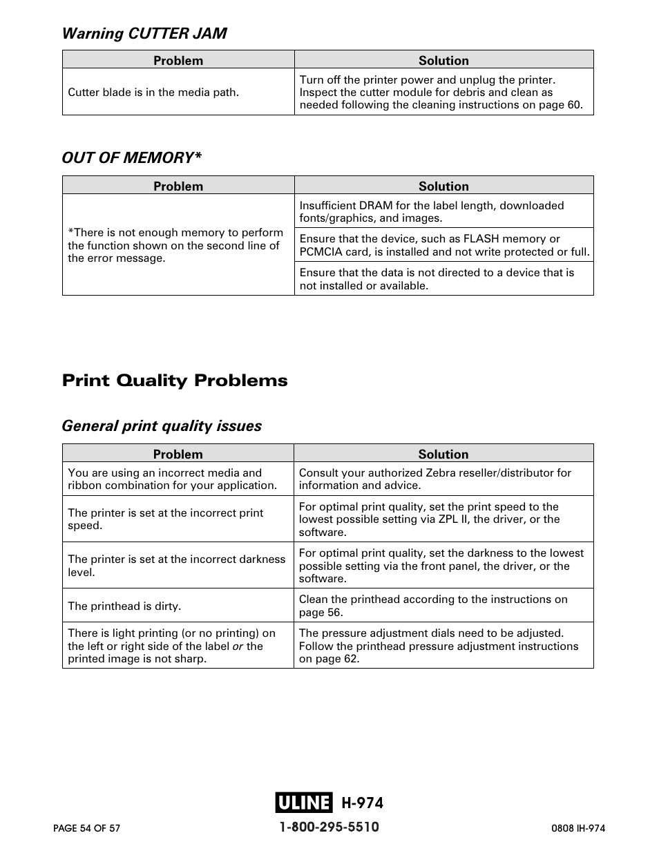 Print quality problems, H-974 | Zebra Technologies ZEBRA Z4M H-974 User Manual | Page 54 / 57