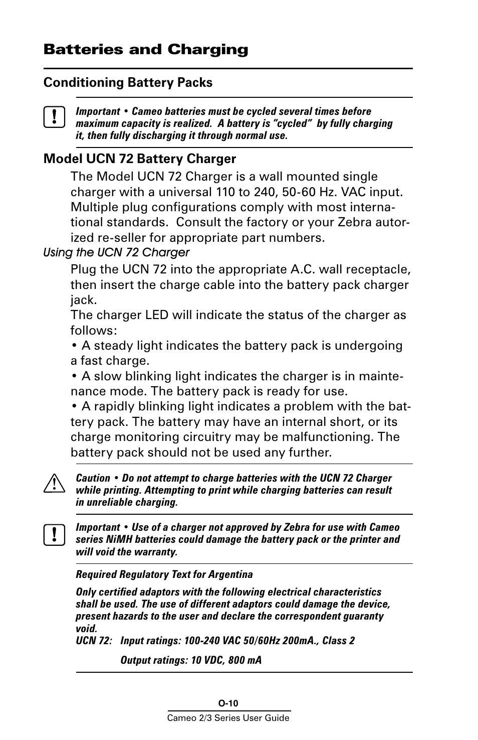 Batteries and charging, Conditioning battery packs, Model ucn 72 battery charger | Zebra Technologies Mobile Printer User Manual | Page 10 / 40