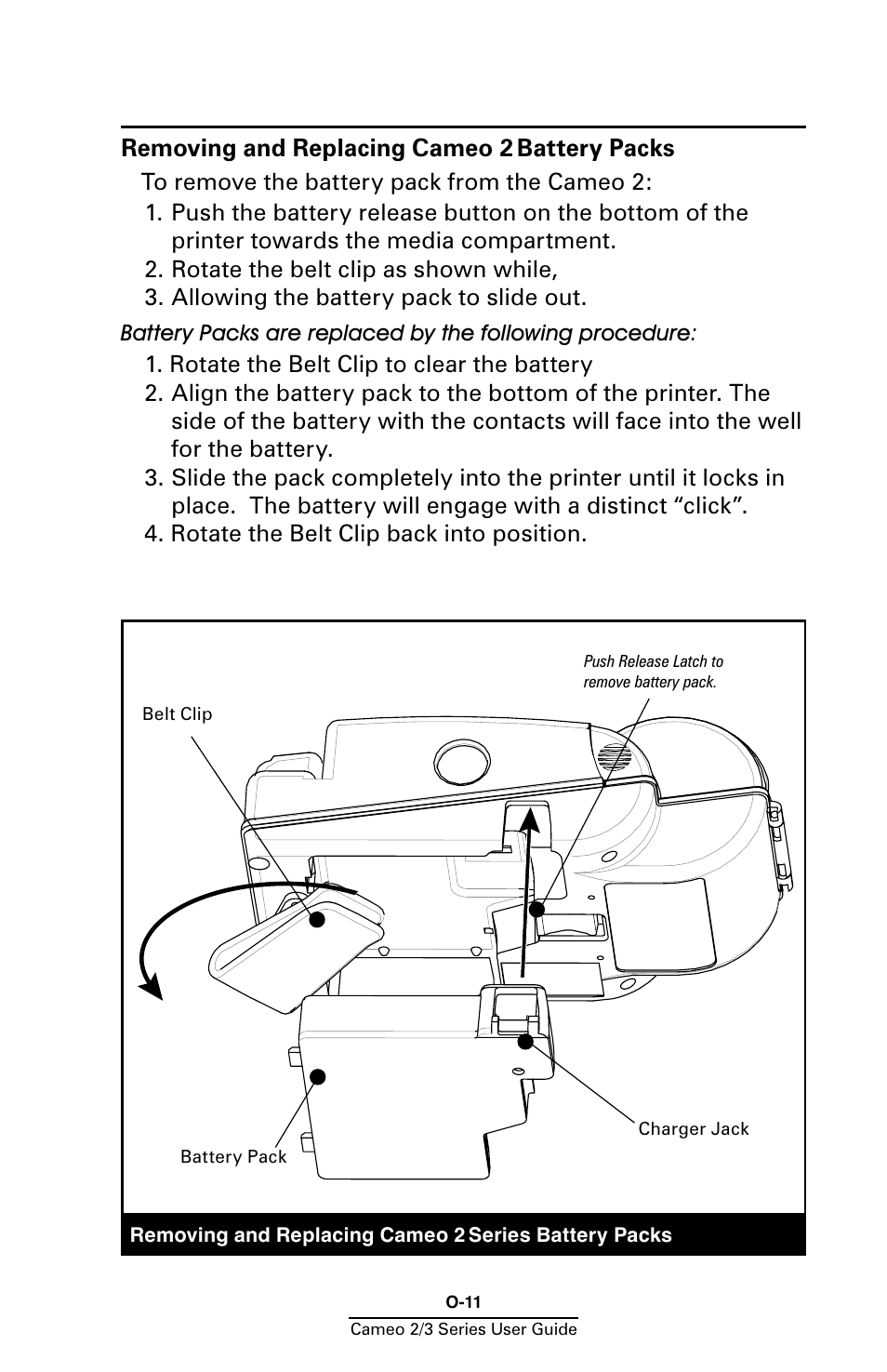 Removing and replacing cameo 2 battery packs, Removing and replacing cameo 2, Battery packs ...............................o-11 | Battery packs | Zebra Technologies Mobile Printer User Manual | Page 11 / 40