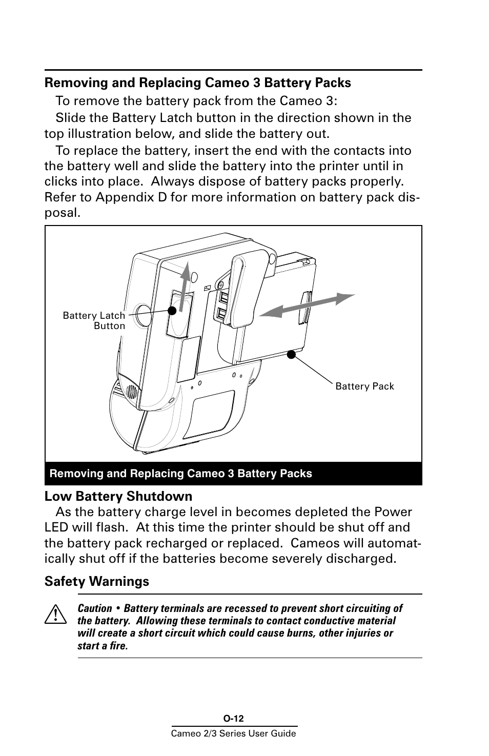 Removing and replacing cameo 3 battery packs, Low battery shutdown, Safety warnings | Zebra Technologies Mobile Printer User Manual | Page 12 / 40