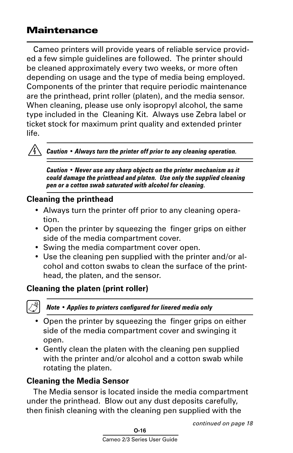 Maintenance, Cleaning the printhead, Cleaning the platen (print roller) | Cleaning the media sensor | Zebra Technologies Mobile Printer User Manual | Page 16 / 40