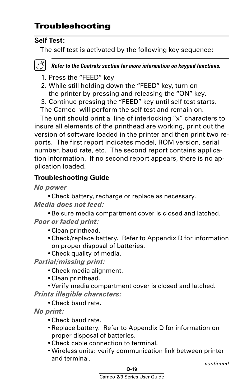 Troubleshooting, Self test, Troubleshooting guide | Zebra Technologies Mobile Printer User Manual | Page 19 / 40