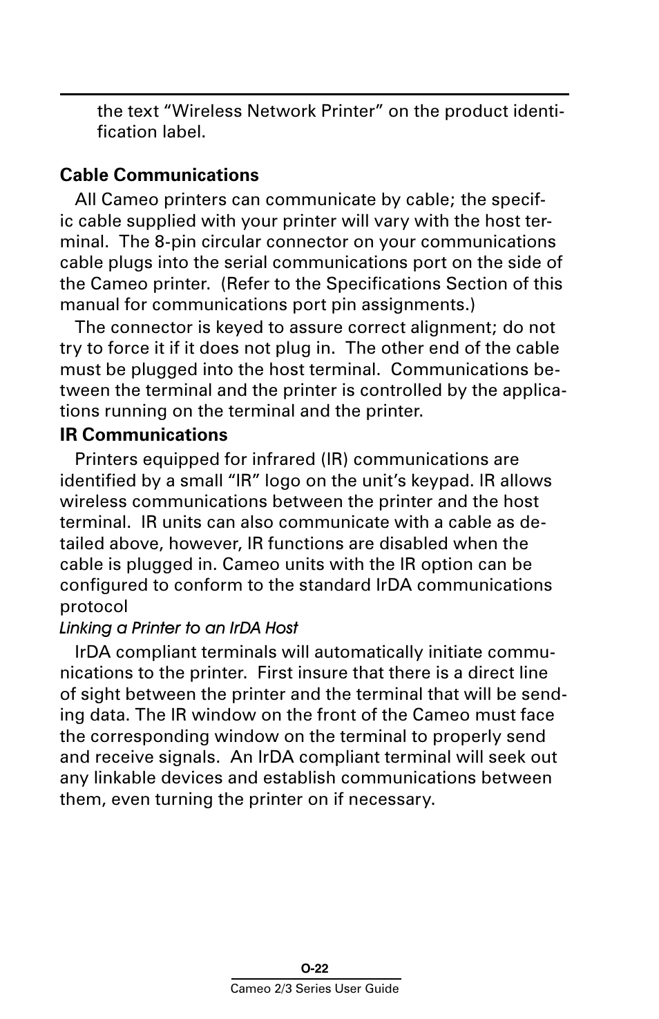 Cable communications, Ir communications | Zebra Technologies Mobile Printer User Manual | Page 22 / 40