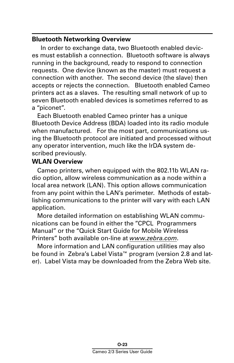 Bluetooth networking overview, Wlan overview | Zebra Technologies Mobile Printer User Manual | Page 23 / 40