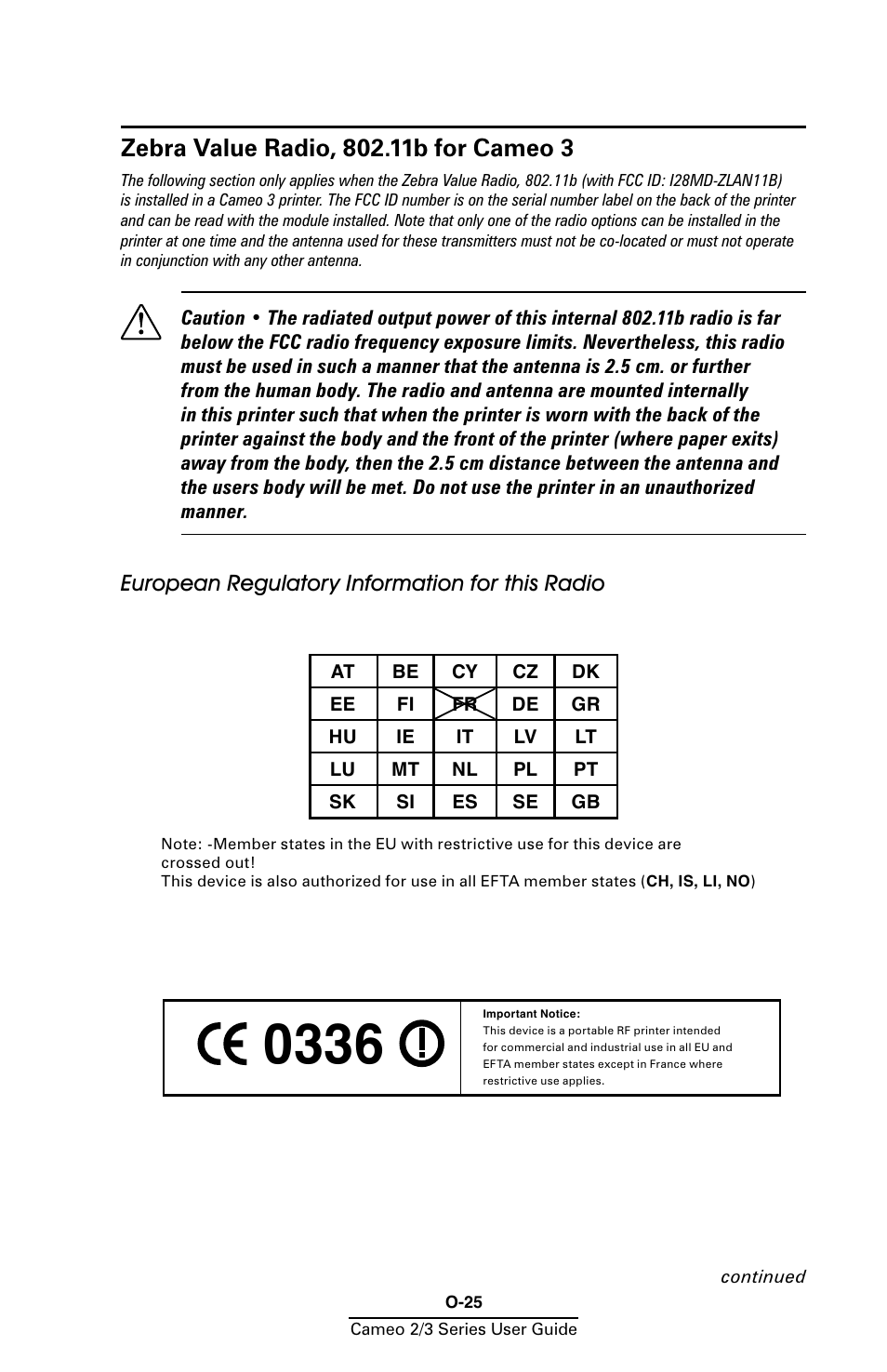 Zebra value radio, 802.11b for cameo 3 | Zebra Technologies Mobile Printer User Manual | Page 25 / 40