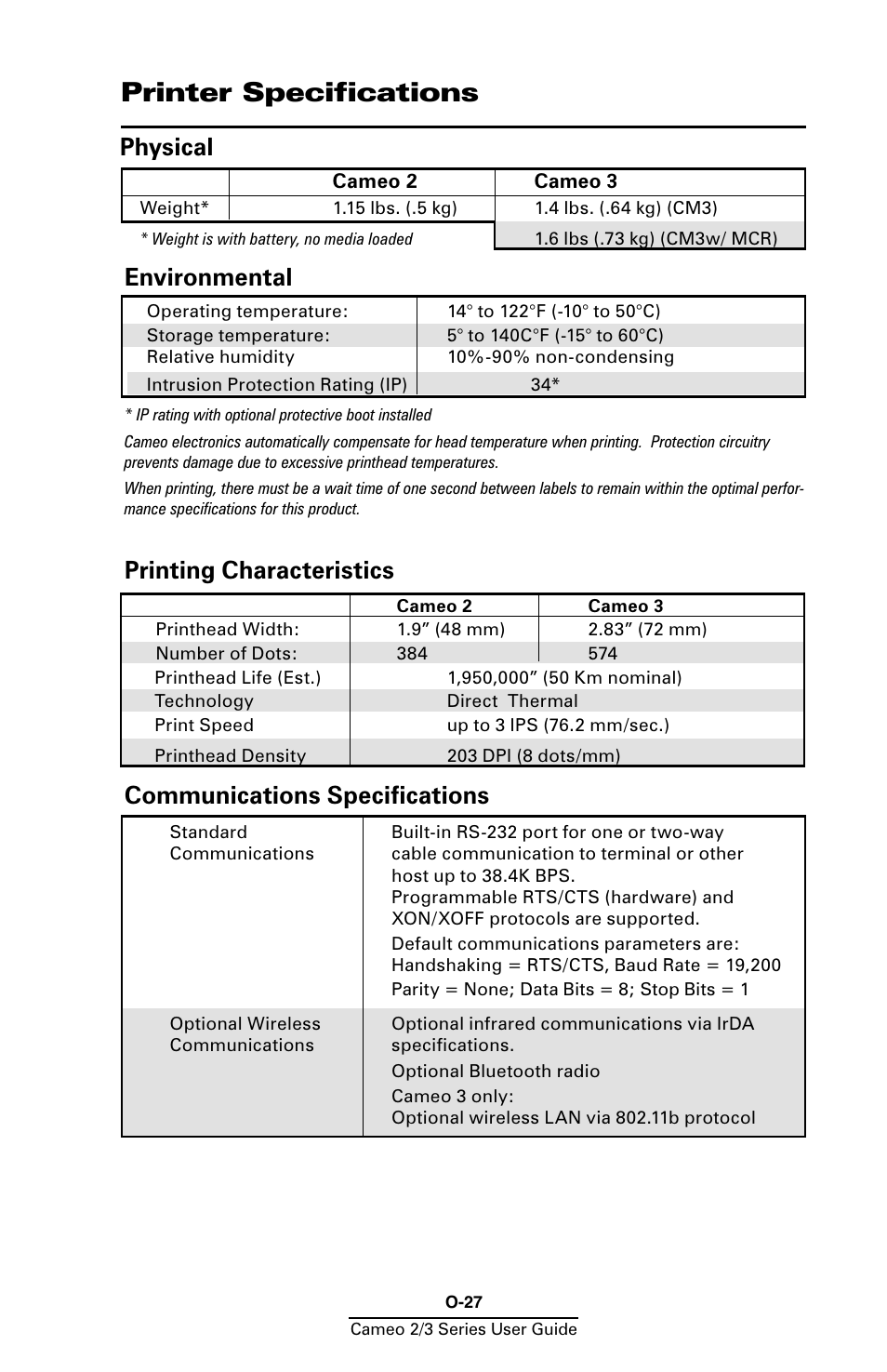 Printer specifications, Physical, Environmental | Printing characteristics, Communications specifications, Printer speciﬁcations, Communications speciﬁcations | Zebra Technologies Mobile Printer User Manual | Page 27 / 40