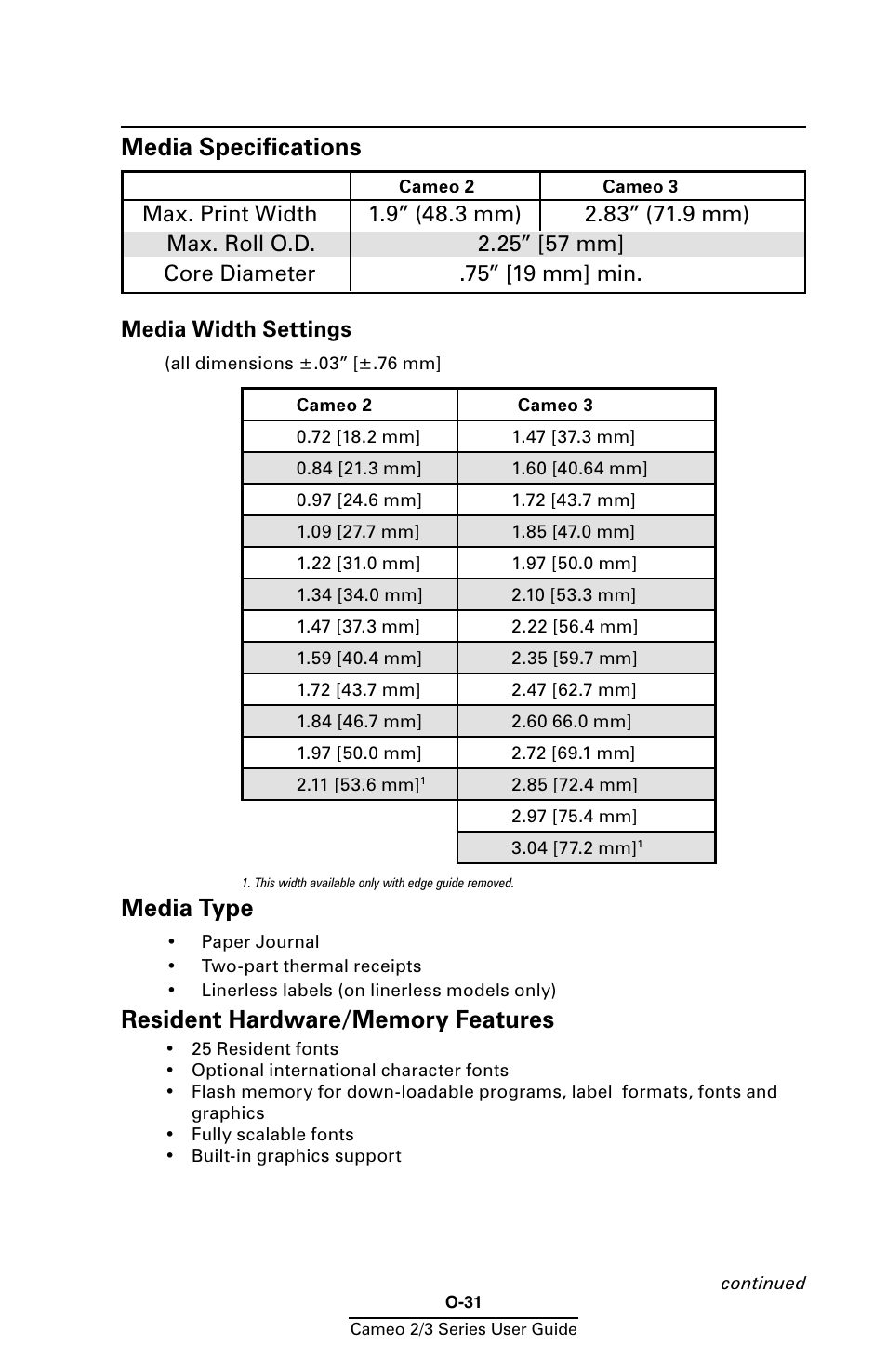 Media specifications, Media width settings, Media type | Resident hardware/memory features, Media speciﬁcations | Zebra Technologies Mobile Printer User Manual | Page 31 / 40