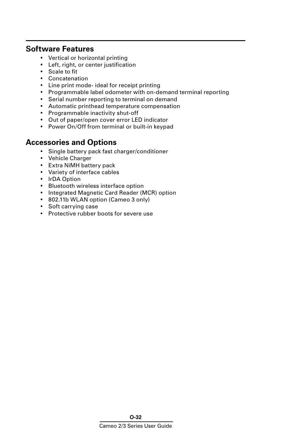 Software features, Accessories and options | Zebra Technologies Mobile Printer User Manual | Page 32 / 40