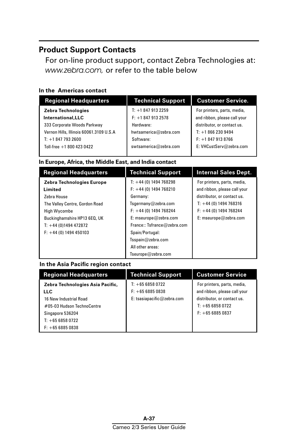 Product support contacts | Zebra Technologies Mobile Printer User Manual | Page 37 / 40