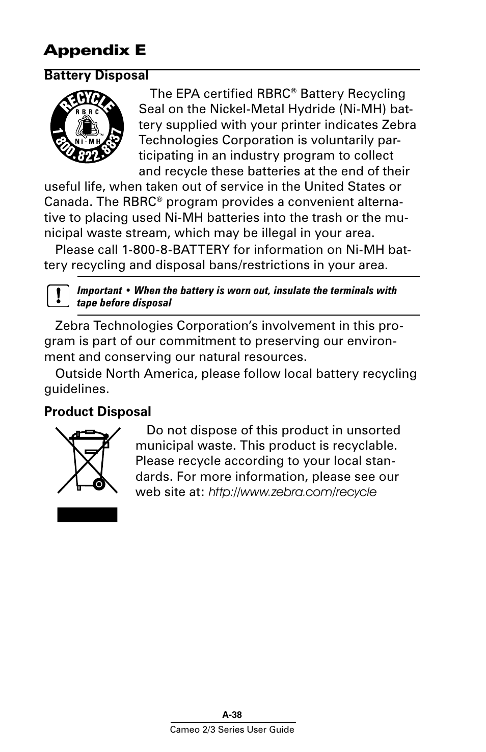 Appendix e, Battery disposal, Product disposal | Zebra Technologies Mobile Printer User Manual | Page 38 / 40