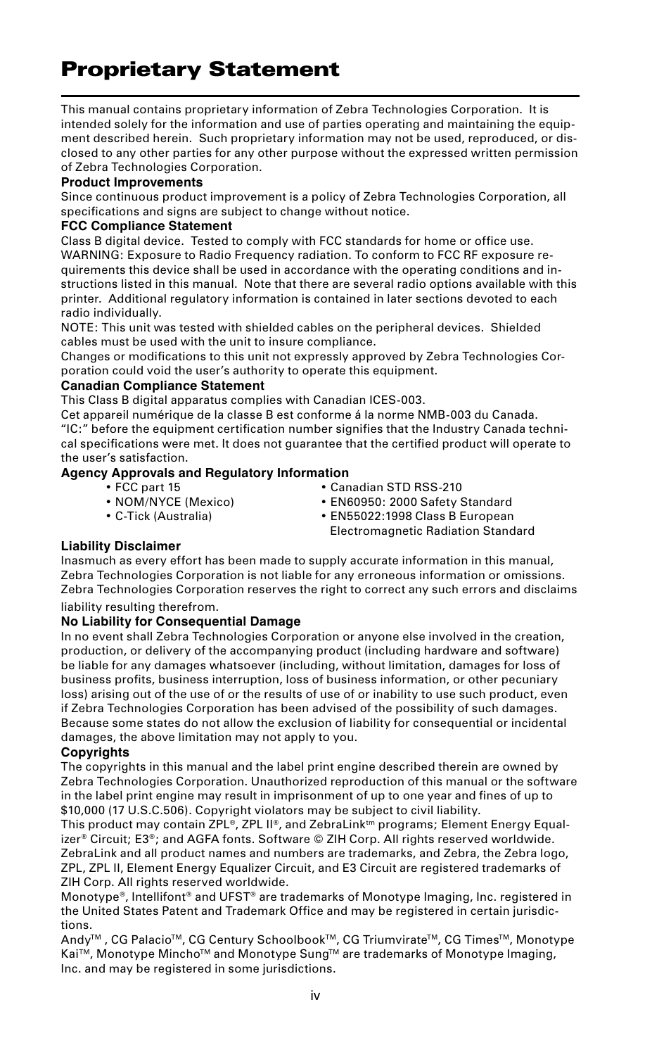 Proprietary statement | Zebra Technologies Mobile Printer User Manual | Page 4 / 40