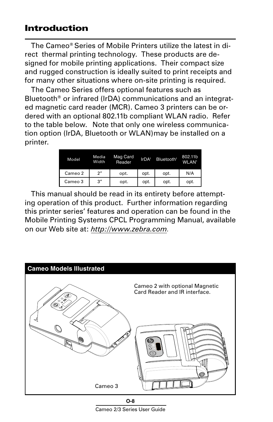 Introduction, The cameo | Zebra Technologies Mobile Printer User Manual | Page 8 / 40