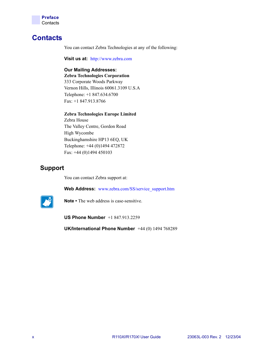 Contacts, Support | Zebra Technologies R170XiTM User Manual | Page 10 / 184