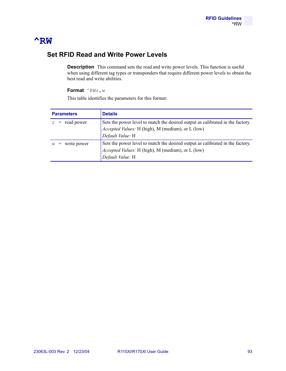 Set rfid read and write power levels, Zpl command (see | Zebra Technologies R170XiTM User Manual | Page 105 / 184