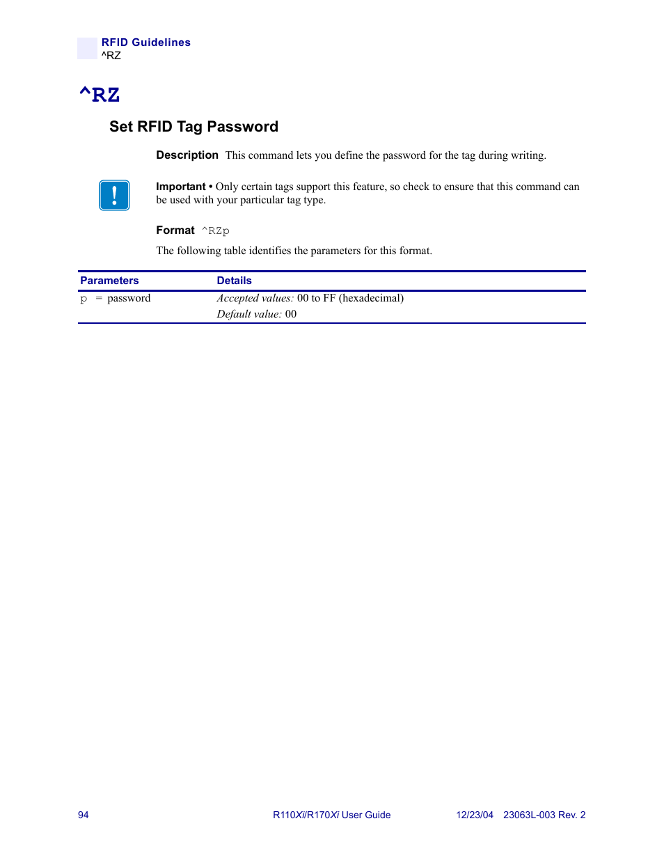 Set rfid tag password | Zebra Technologies R170XiTM User Manual | Page 106 / 184