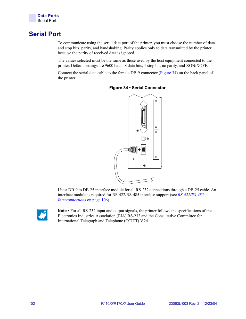 Serial port | Zebra Technologies R170XiTM User Manual | Page 114 / 184
