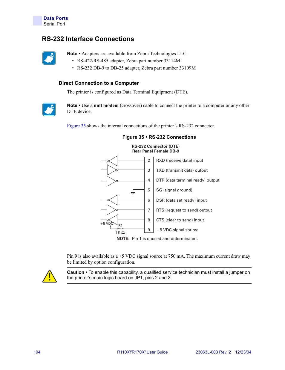 Rs-232 interface connections | Zebra Technologies R170XiTM User Manual | Page 116 / 184