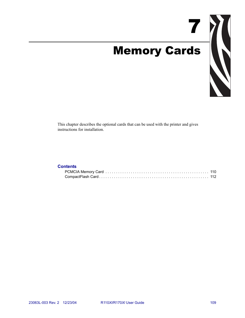 Memory cards, 7 • memory cards | Zebra Technologies R170XiTM User Manual | Page 121 / 184