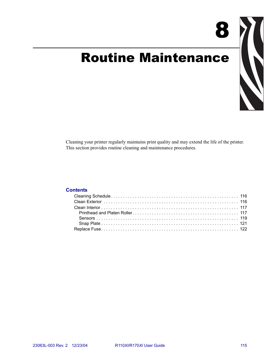 Routine maintenance, 8 • routine maintenance | Zebra Technologies R170XiTM User Manual | Page 127 / 184