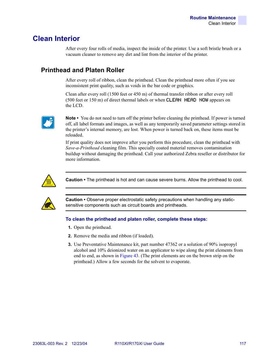 Clean interior, Printhead and platen roller | Zebra Technologies R170XiTM User Manual | Page 129 / 184
