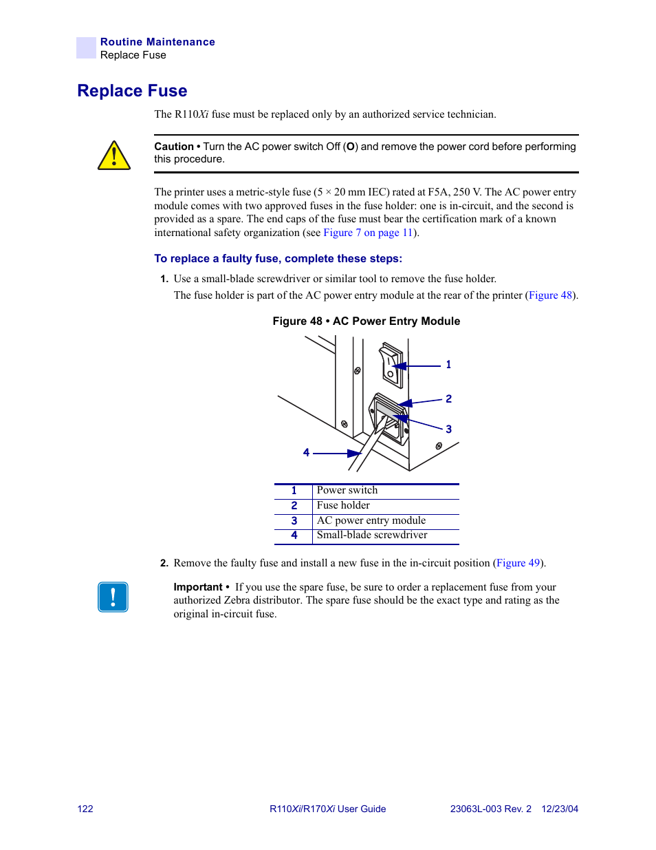 Replace fuse | Zebra Technologies R170XiTM User Manual | Page 134 / 184