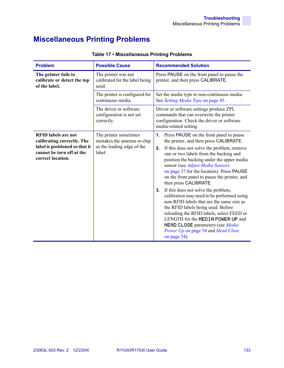 Miscellaneous printing problems | Zebra Technologies R170XiTM User Manual | Page 145 / 184