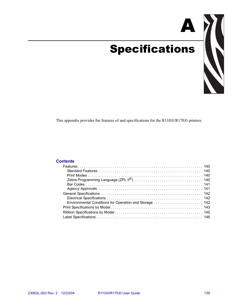 Specifications, A • specifications | Zebra Technologies R170XiTM User Manual | Page 151 / 184