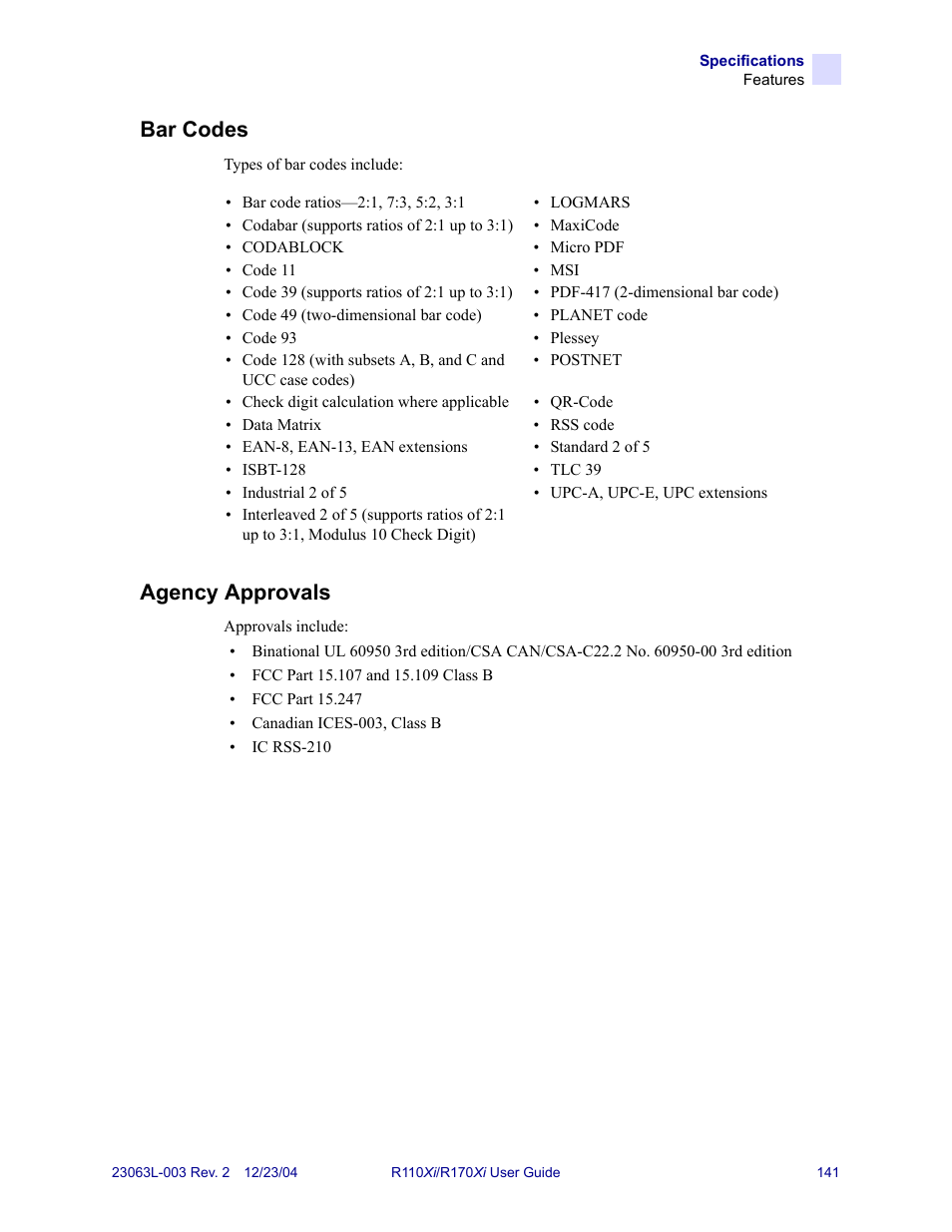 Bar codes, Agency approvals, Bar codes agency approvals | Zebra Technologies R170XiTM User Manual | Page 153 / 184