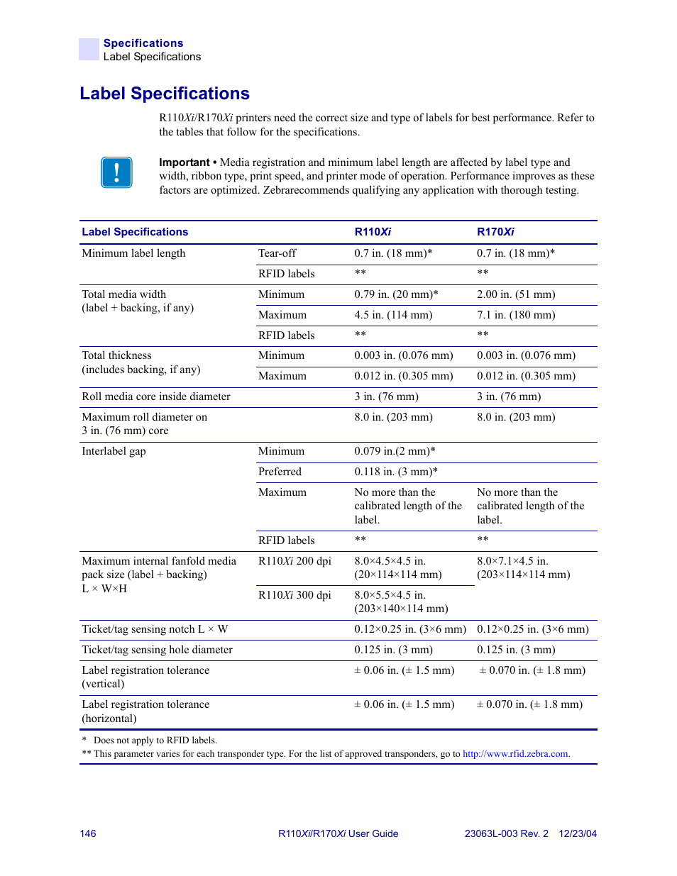 Label specifications | Zebra Technologies R170XiTM User Manual | Page 158 / 184