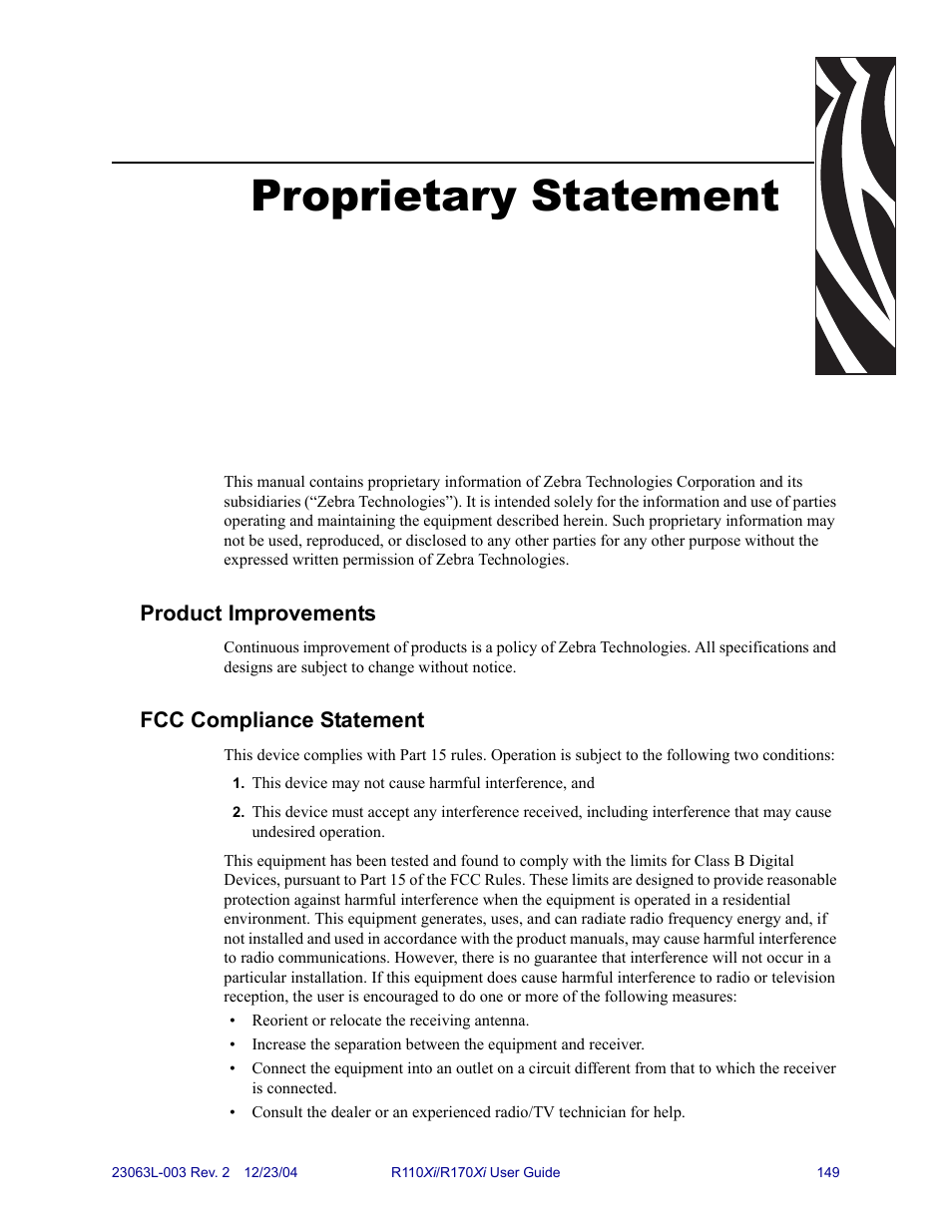 Proprietary statement | Zebra Technologies R170XiTM User Manual | Page 161 / 184