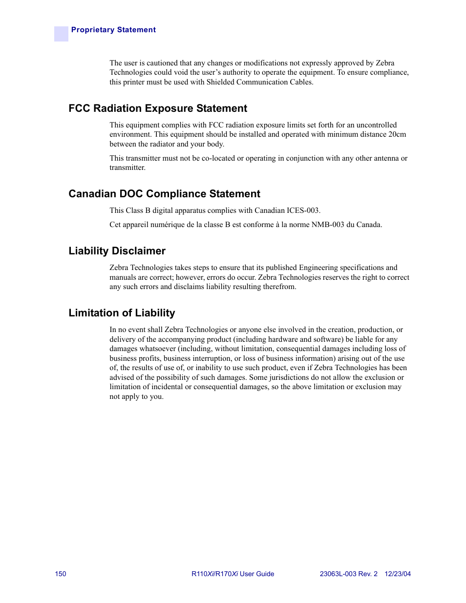 Fcc radiation exposure statement, Canadian doc compliance statement, Liability disclaimer | Limitation of liability | Zebra Technologies R170XiTM User Manual | Page 162 / 184