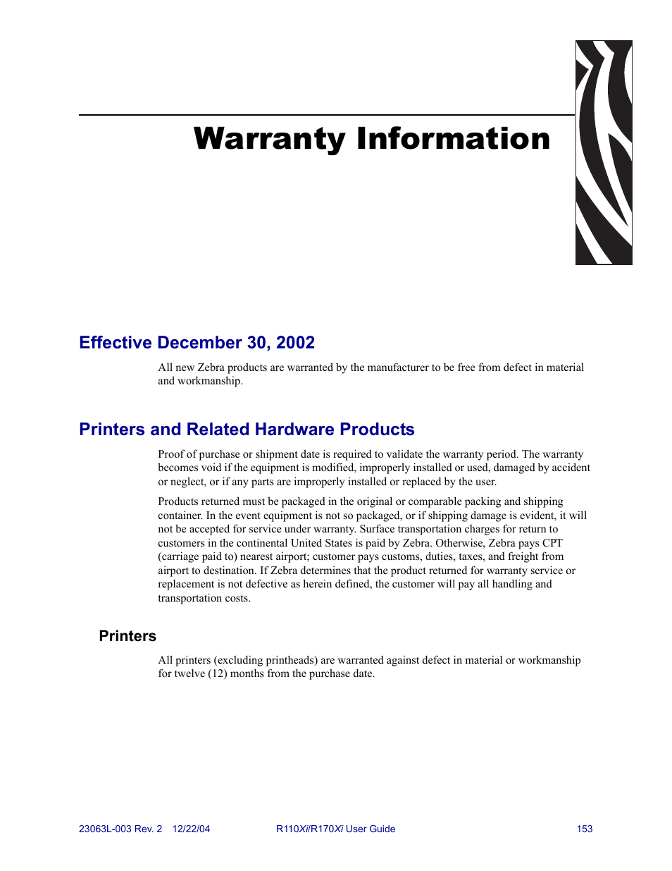 Warranty information, Printers and related hardware products | Zebra Technologies R170XiTM User Manual | Page 165 / 184