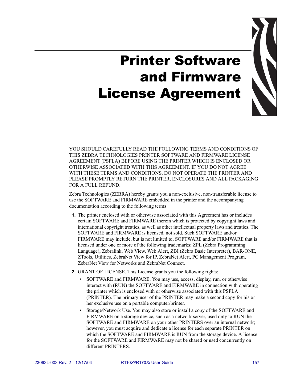 Printer software and firmware license agreement | Zebra Technologies R170XiTM User Manual | Page 169 / 184
