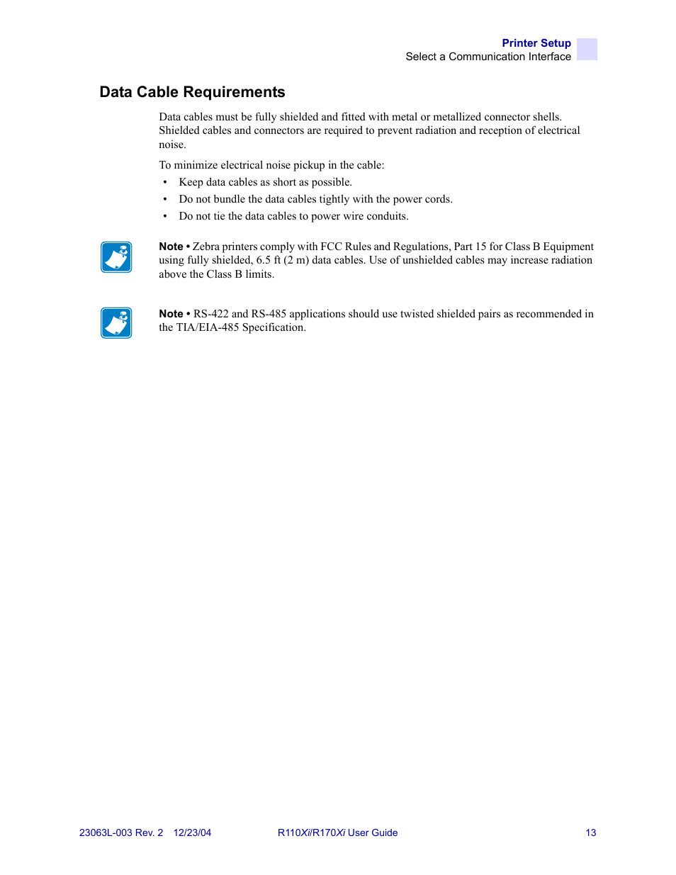 Data cable requirements | Zebra Technologies R170XiTM User Manual | Page 25 / 184