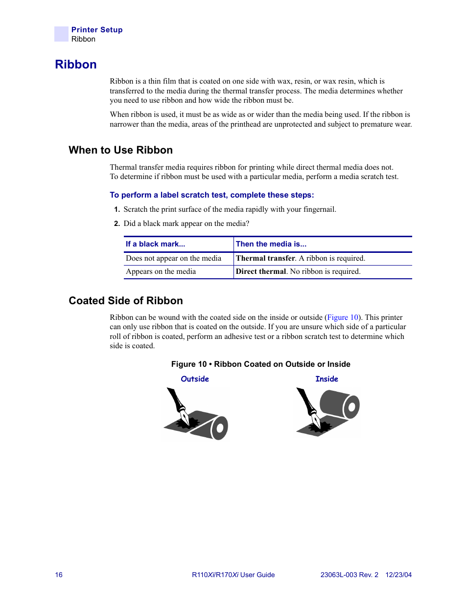 Ribbon, When to use ribbon, Coated side of ribbon | When to use ribbon coated side of ribbon | Zebra Technologies R170XiTM User Manual | Page 28 / 184