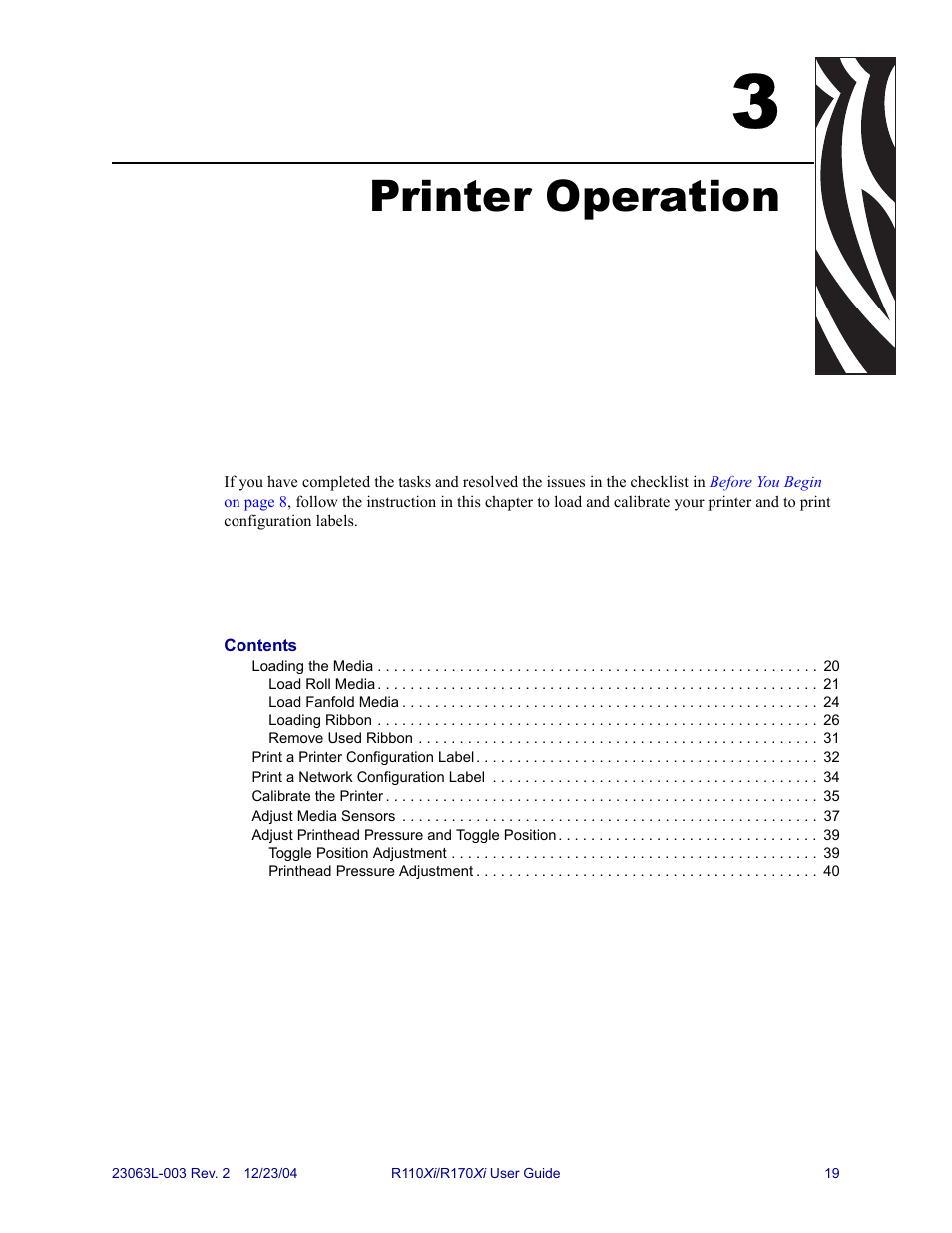 Printer operation, 3 • printer operation | Zebra Technologies R170XiTM User Manual | Page 31 / 184