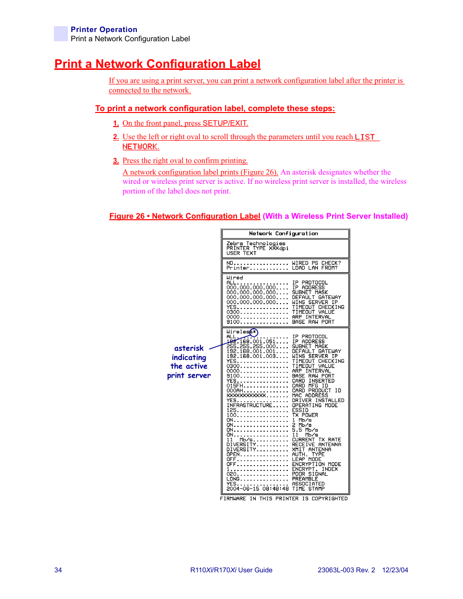 Print a network configuration label | Zebra Technologies R170XiTM User Manual | Page 46 / 184