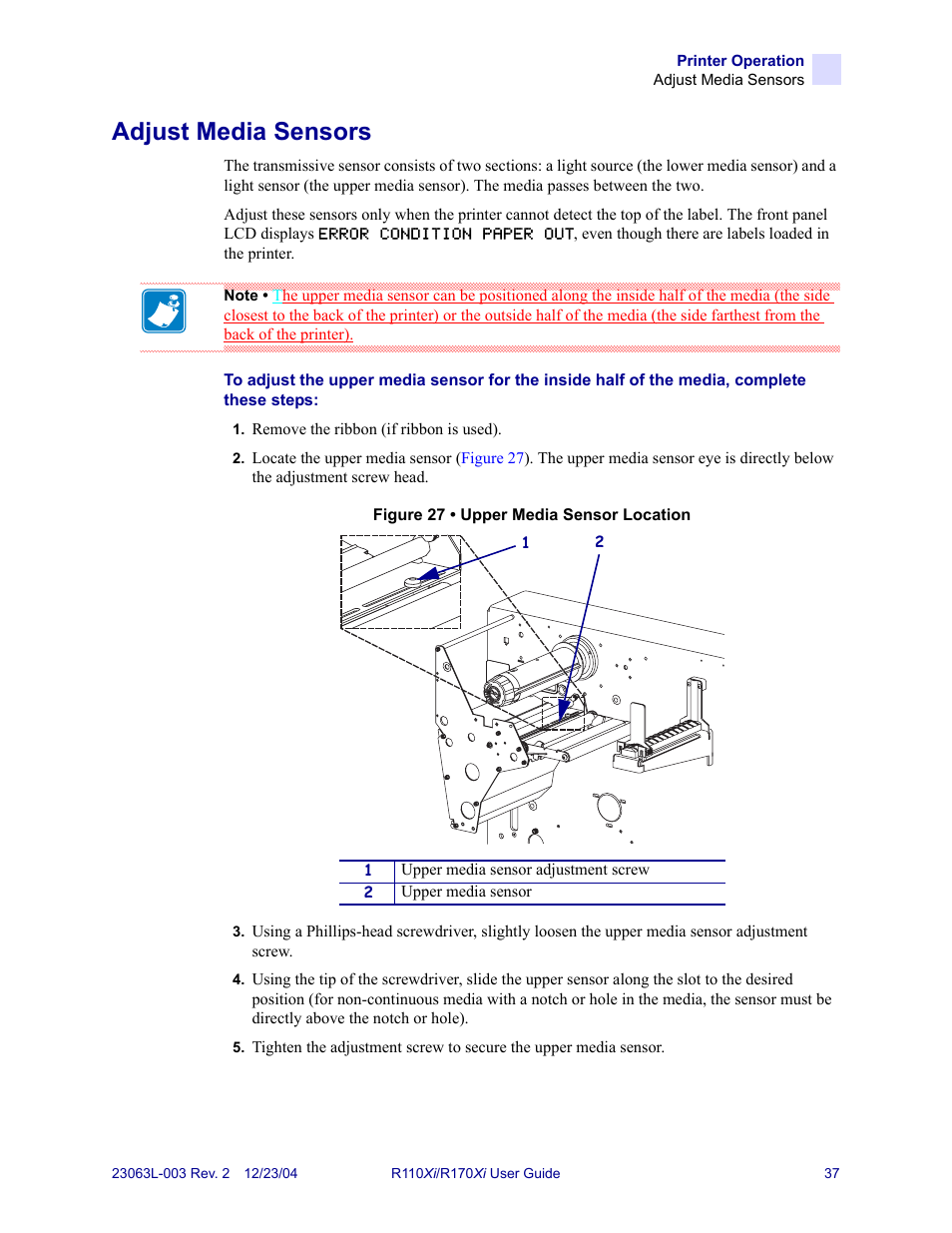 Adjust media sensors, R to, For addit | Zebra Technologies R170XiTM User Manual | Page 49 / 184