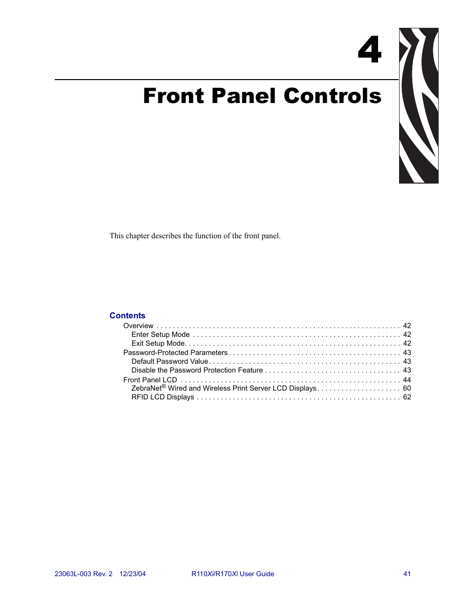 Front panel controls, 4 • front panel controls | Zebra Technologies R170XiTM User Manual | Page 53 / 184