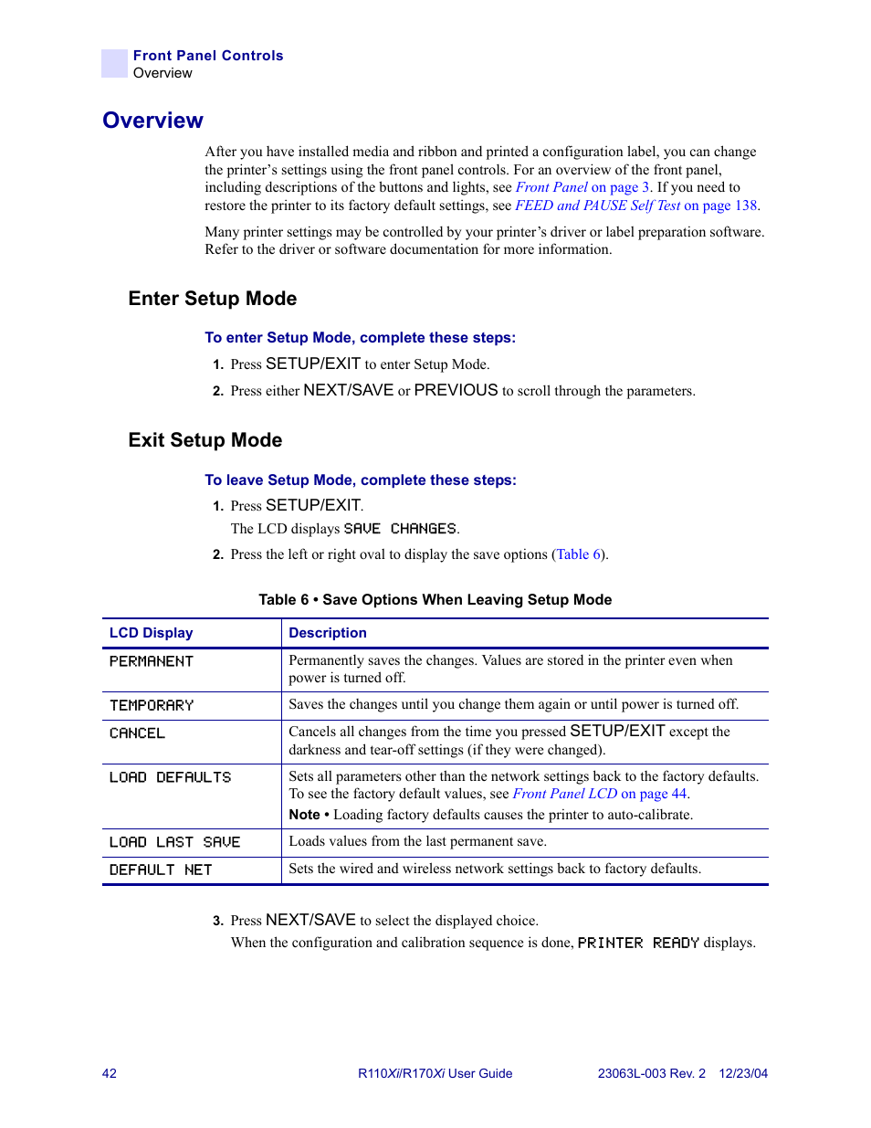 Overview, Enter setup mode, Exit setup mode | Enter setup mode exit setup mode | Zebra Technologies R170XiTM User Manual | Page 54 / 184