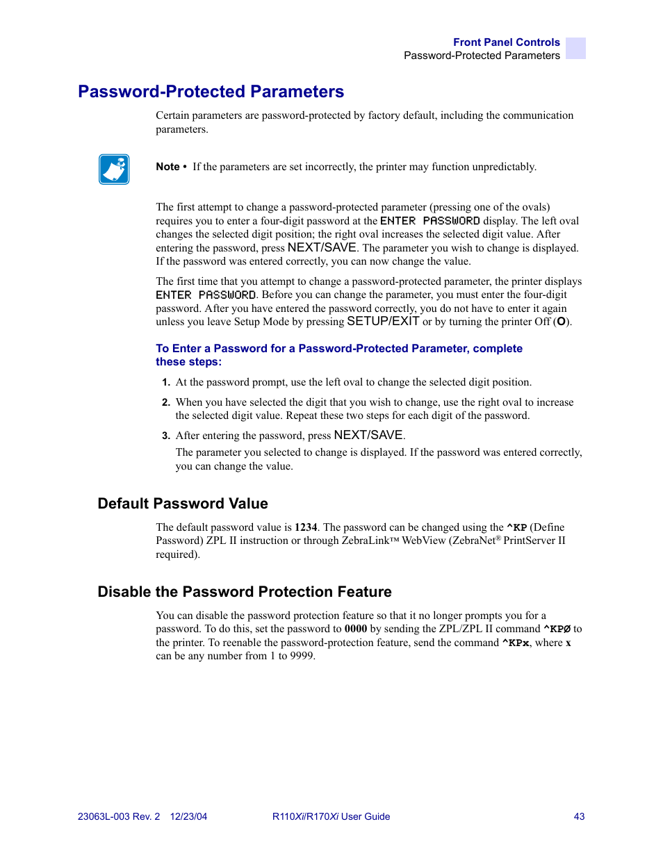 Password-protected parameters, Default password value, Disable the password protection feature | Zebra Technologies R170XiTM User Manual | Page 55 / 184